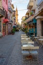 Chania, Greece, August 23, 2022: Sunrise view of a tourist stree