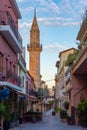 Chania, Greece, August 23, 2022: Sunrise view of a tourist stree Royalty Free Stock Photo