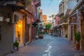 Chania, Greece, August 23, 2022: Sunrise view of a tourist stree