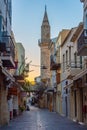 Chania, Greece, August 23, 2022: Sunrise view of a tourist stree