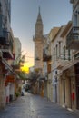 Chania, Greece, August 23, 2022: Sunrise view of a tourist stree