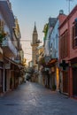 Chania, Greece, August 23, 2022: Sunrise view of a tourist stree Royalty Free Stock Photo