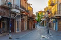 Chania, Greece, August 23, 2022: Sunrise view of a tourist stree