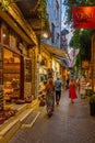 Chania, Greece, August 21, 2022: Sunset view of a tourist street