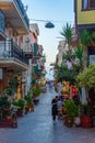 Chania, Greece, August 21, 2022: Sunset view of a tourist street