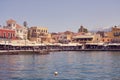 CHANIA, GREECE - 26.05.2019: Sunny harbor of Chania, Crete during the summerseason