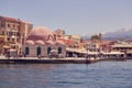CHANIA, GREECE - 26.05.2019: Sunny harbor of Chania, Crete during the summerseason