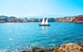 The Chania harbor with white yacht, Crete, Greece