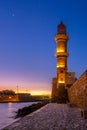 Chania with the amazing lighthouse, at sunset, Crete, Greece.