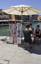 Chania, september 1st: Artistic Sketches Stand display on Chania seashore in Crete Island of Greece
