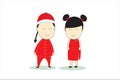 Cartoon boy and girl wearing red Chinese New Year dress. Concept flat style vector holidays illustration recommend. -EPS10