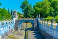 Channel decorated by azulejo tiles at the national palace of Queluz in Lisbon, Portugal