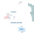 Channel Islands vector political map. Bailiwick of Guernsey and Bailiwick of Jersey with capitals. Archipelago off the French coas