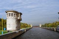 Channel named after Moscow in Russia. Two men walk along the channel. Royalty Free Stock Photo