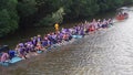 CHANTABURI LAEM SING, THAILAND 26 JULY 2019 Tourists floating on pvc pipe raft in the lake of Laem Sing