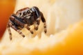 Jumping spider on the yellow chanterelle mushroom background