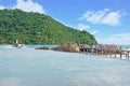 CHANTHABURI THAILAND-26 JULY 2019: travelers on the wooden bridge path to Chedi Hua Laem pagoda on rock in the sea