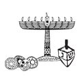 Chanukah candle, sevivon, donuts. Doodle, sketch, draw hand. Jewish religious holiday of Hanukkah. Hebrew letters