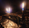 Chanukah Candles in a Modern Metal Menorah