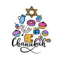 Chanukah Design Elements in doodle . Traditional attributes of the menorah, dreidel, oil, Torah, donut. hand lettering Royalty Free Stock Photo
