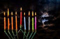 Chanukah Jewish holiday background with full moon in the evening Judaism Hanukah menorah candelabra burning candles Royalty Free Stock Photo