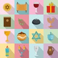 Chanukah jewish holiday icons set, flat style