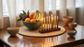 Chanukah Table Setting with Fruit Bowl and Candles. Royalty Free Stock Photo