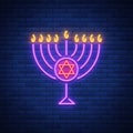 Chanukah vector design - Happy Hanukkah. Neon sign, bright luminous banner for greetings cards. Jewish holiday. Hanukkah