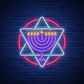 Chanukah vector design - Happy Hanukkah. Neon sign, bright luminous banner for greetings cards. Jewish holiday. Hanukkah