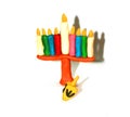 Chanukia from plasticine of different colors. Hanukkah. Hebrew Dreidel. Sevivon. Jewish holiday