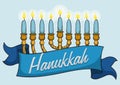 Chanukiah in Cartoon Style with Hanukkah Ribbon, Vector Illustration