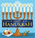 Chanukiah with Lighted Candles, Sufganiyah and Dreidel for Hanukkah Celebration, Vector Illustration