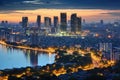 Chao Phraya River and Bangkok cityscape at twilight, Thailand, Hanoi skyline cityscape at twilight period. Cau Giay park, west of