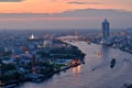 Chao Phraya river bend at sunset twilight view from top of Bangkok