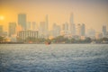 Chao Phraya river during sunset with high-rise condominium in bl Royalty Free Stock Photo