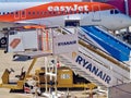 Chaos at an airport with a plane and gangways Royalty Free Stock Photo