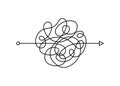 Chaos path with arrow. The process of understanding. Difficult way to solve problems in business. Chaos line. Scribble