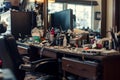 Chaos Unleashed: A Desk Overflowing With Clutter, The artful messiness of a hairdresser\'s workstation after a busy day, AI