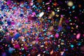 A chaotic burst of colorful confetti fills the frame against a stark black background, A whirlwind of multi-colored confetti right