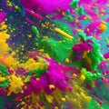 A chaotic burst of splattered paint in vibrant shades of pink, green, and yellow1, Generative AI