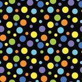 Chaotic circle pattern on black background. Geometric abstract seamless pattern with yellow, blue, green, orange circles Royalty Free Stock Photo