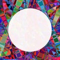 Chaotic colorful broken stained glass seamless pattern. Round mosaic photo frame. Polygonal texture decoration.