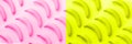 Chaotic colorful fruit pattern. Bananas over neon pink and yellow color background. Banner. Top view. Pop art design, creative