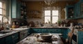 A messy kitchen interior with flour explosion and turquoise cabinets visible in the scene Royalty Free Stock Photo