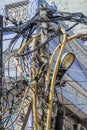 Chaotic mess of electric cables in the center of Delhi, Ind