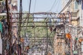 Chaotic mess of electric cables in the center of Delhi, Ind