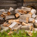 Chaotic pile of firewood logs lying