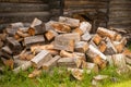 Chaotic pile of firewood logs lying