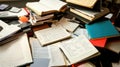 A chaotic spread of open books and notebooks, symbolizing extensive research and information gathering Royalty Free Stock Photo
