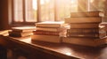 Chaotic stacks of old books in a library on a sunny day